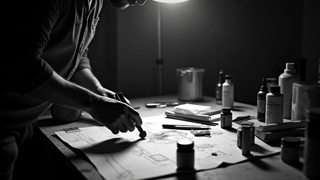A person writing in a journal at a cozy workspace